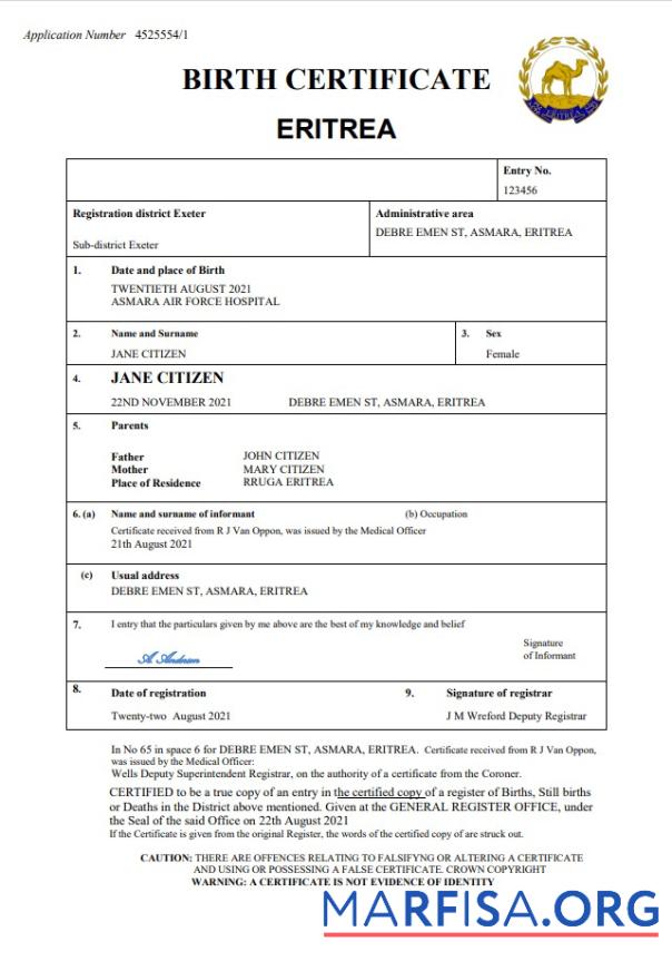 Downloadable Eritrea vital record birth certificate Word and PDF template